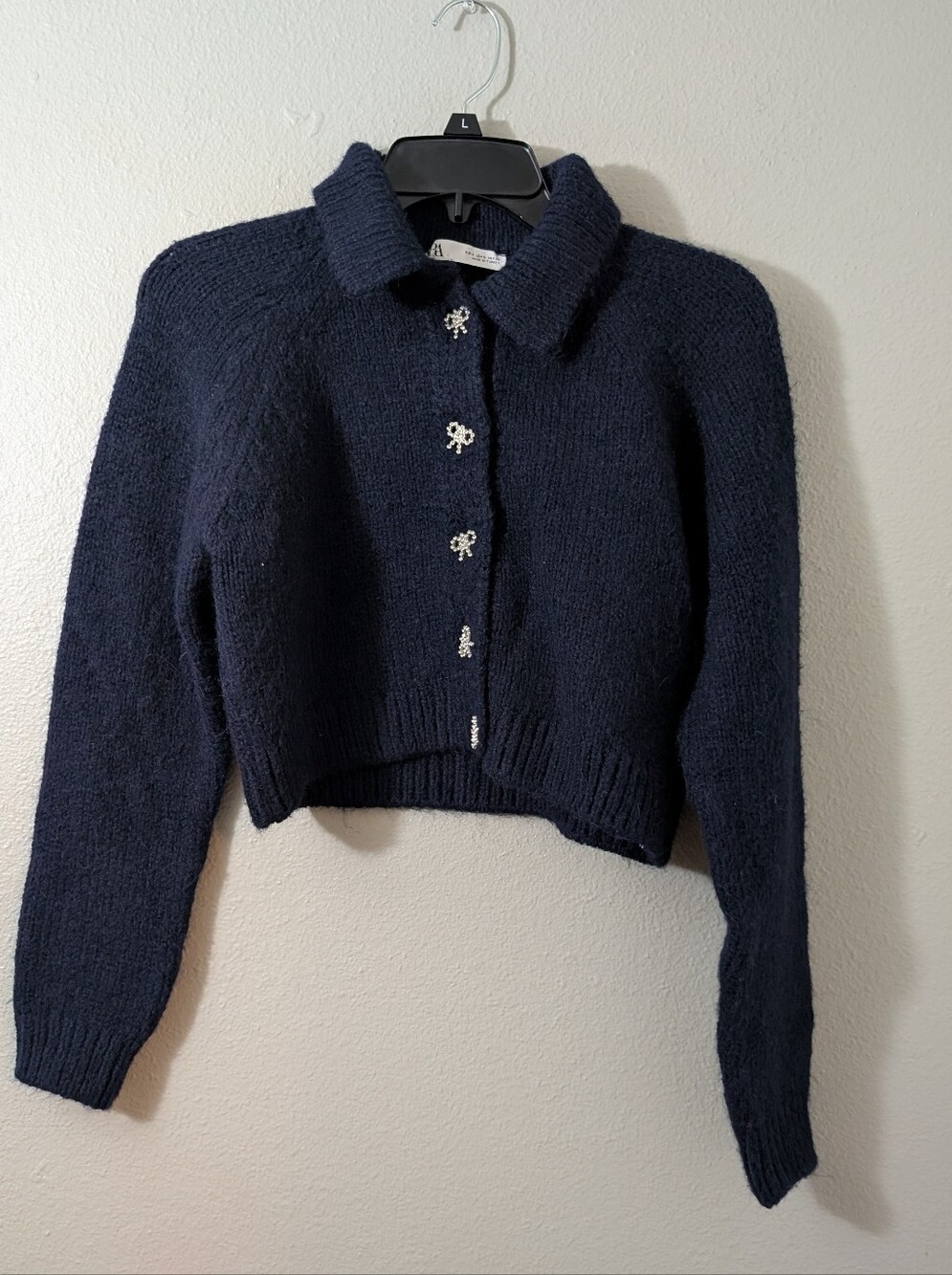 Zara Navy Cropped Knit Cardigan with Embellished Buttons